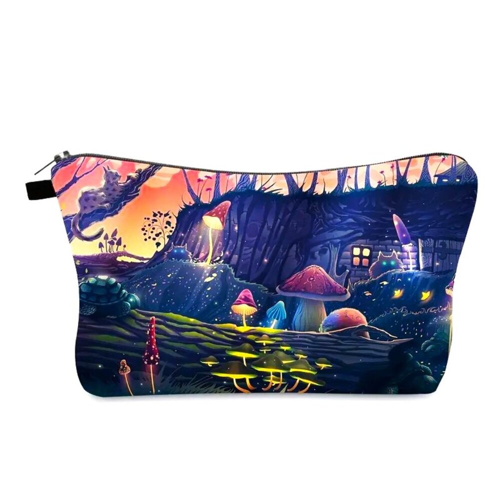 Cosmetic Bag Makeup Mushrooms Cat Trippy Wonderland Clutch Pouch Travel Storage